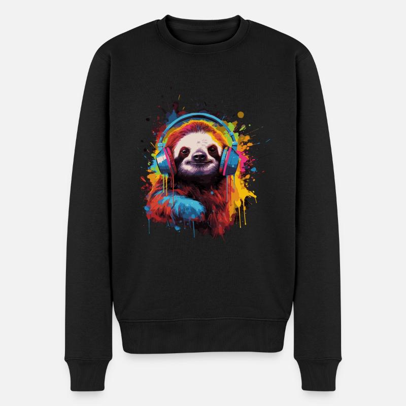 Faultier hört Musik mit Kopfhörern - Männer Premium Bio Pullover - Schwarz