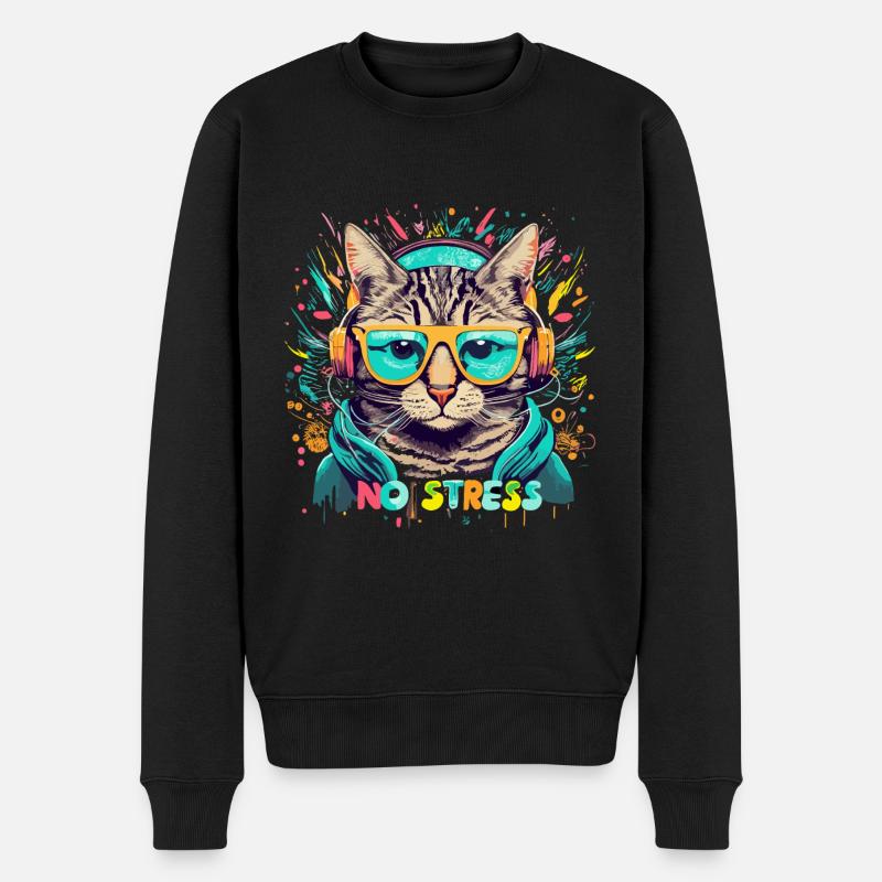 Katze mit Kopfhörer Lustiger Spruch NO STRESS - Männer Premium Bio Pullover - Schwarz
