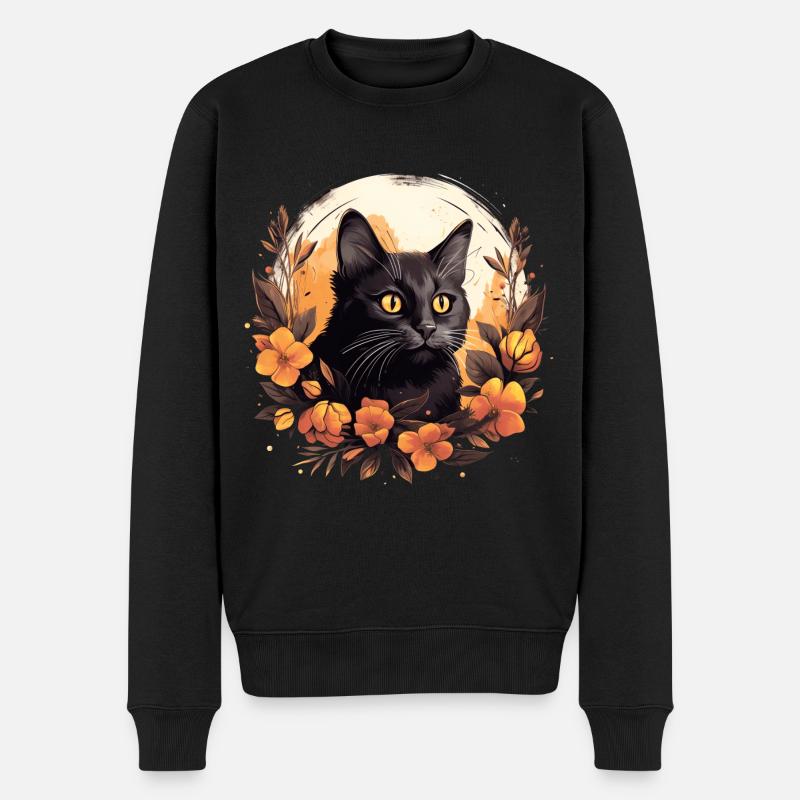 Süße Katze mit Blumen Tiermotiv Katzenliebhaber - Männer Premium Bio Pullover - Schwarz
