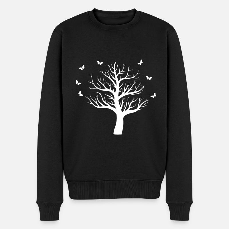 Weißer Baum im Frühling mit Schmetterlingen - Männer Premium Bio Pullover - Schwarz
