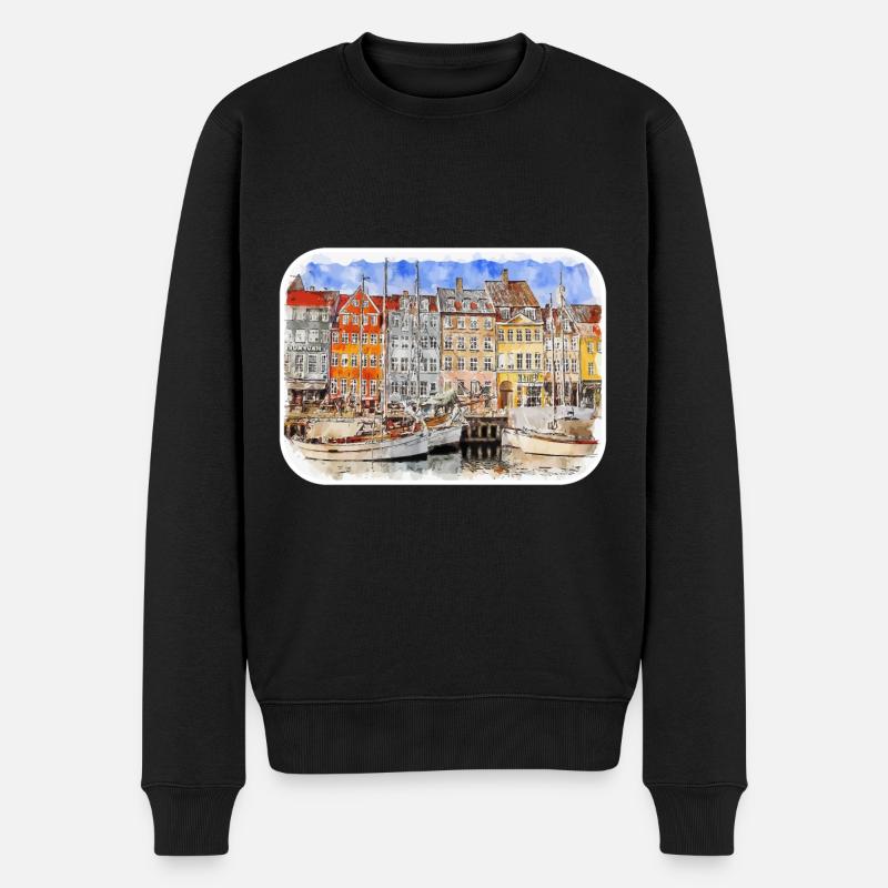Copenhague Danemark Aquarelle Sketch Illustration - Pull Premium bio Homme - noir