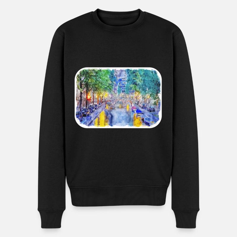 Amsterdam Pays-Bas Aquarelle Dessin d’esquisse - Pull Premium bio Homme - noir