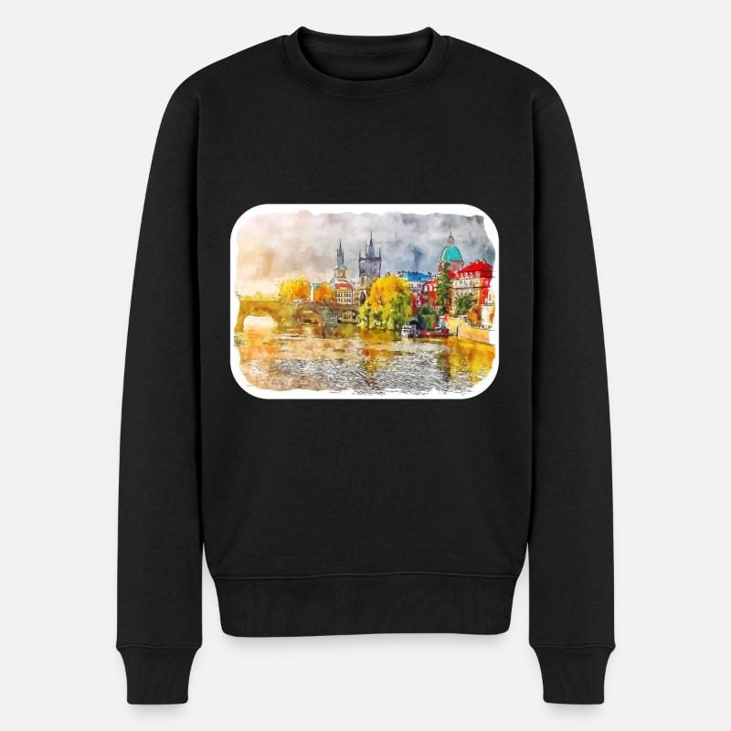 Prague Tchéquie Aquarelle Esquisse - Pull Premium bio Homme - noir