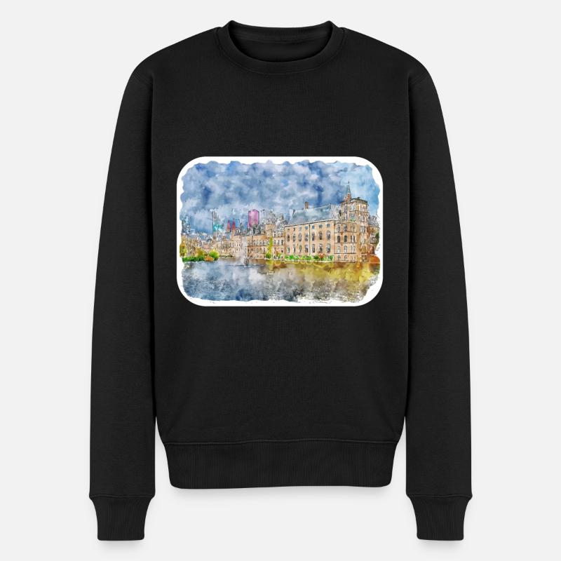 Binnenhof Hague Pays-Bas Dessin à l’aquarelle - Pull Premium bio Homme - noir