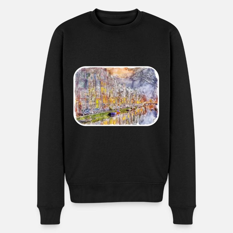 Amsterdam Pays-Bas Aquarelle Dessin d’esquisse - Pull Premium bio Homme - noir