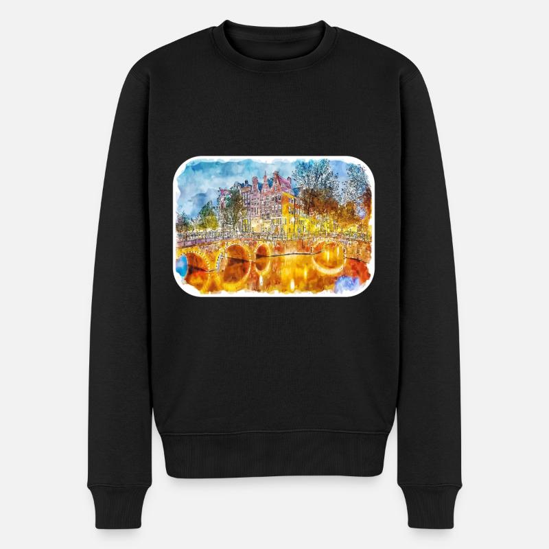Amsterdam Pays-Bas Aquarelle Dessin d’esquisse - Pull Premium bio Homme - noir