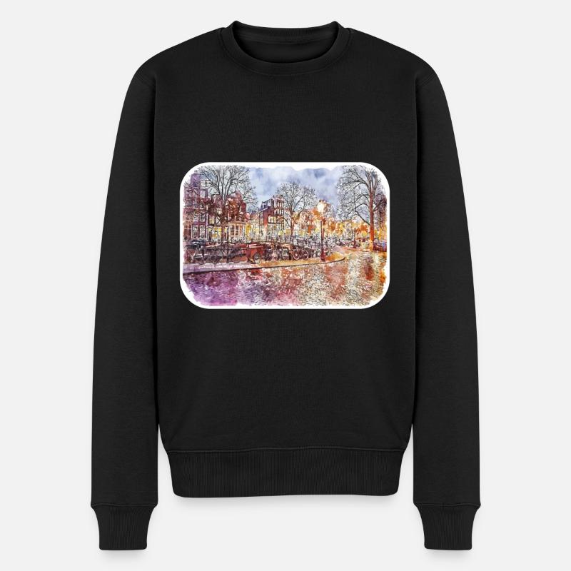 Amsterdam Pays-Bas Aquarelle Dessin - Pull Premium bio Homme - noir