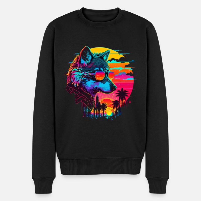 Wolf Retro Illustration Synthwave Art - Männer Premium Bio Pullover - Schwarz