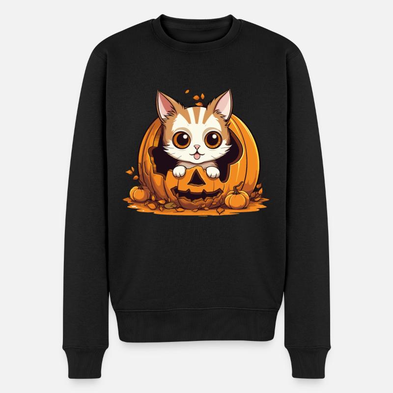 Halloween Katze Kürbis Kostüm Süß Niedlich Lustig - Männer Premium Bio Pullover - Schwarz