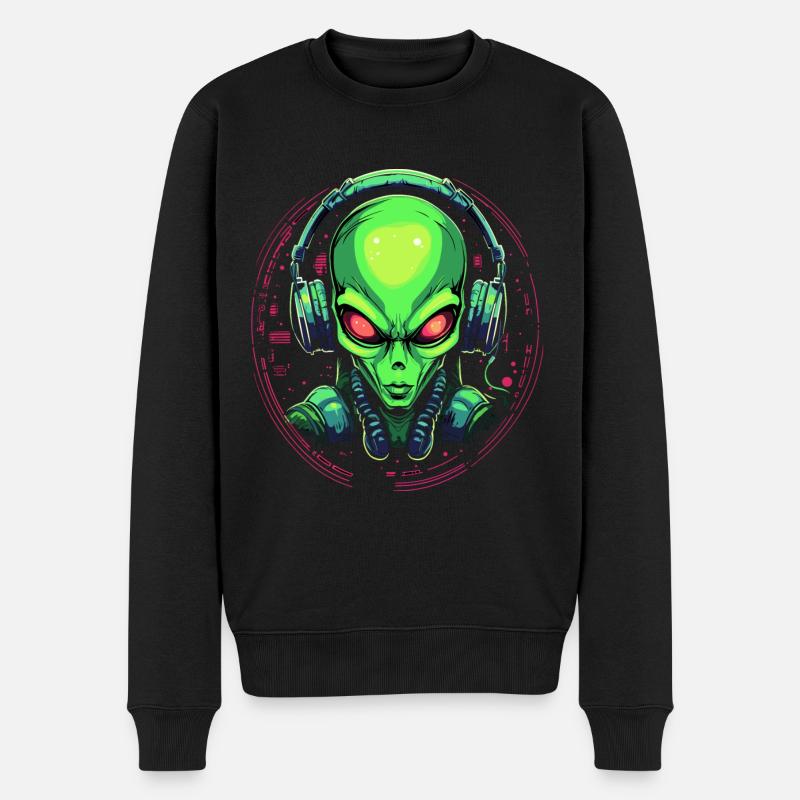 Alien mit Kopfhörer Ausserirdischer DJ Musik - Männer Premium Bio Pullover - Schwarz