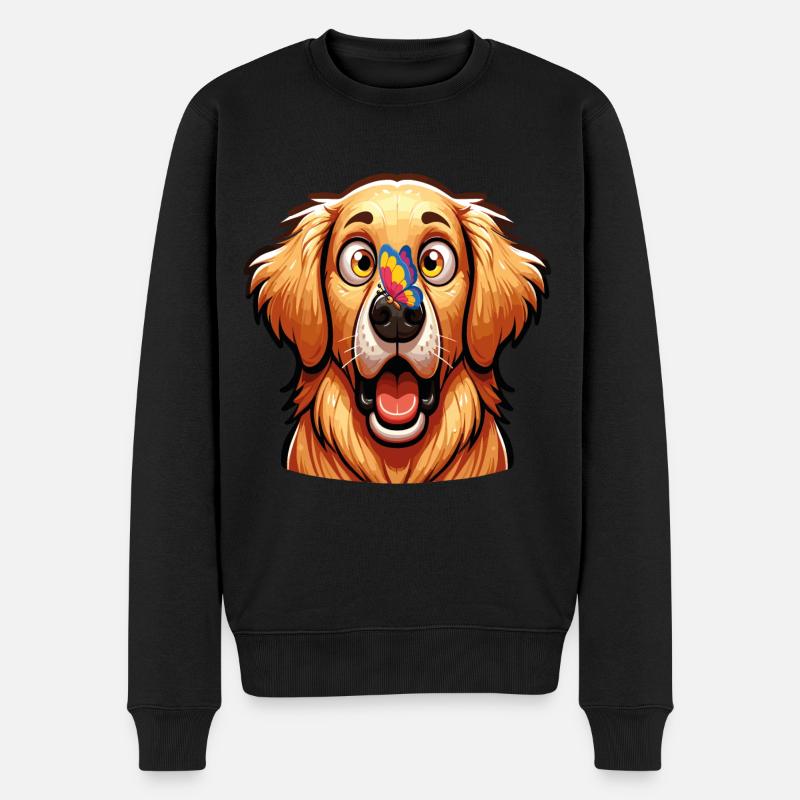 Ein Labradorhund, der von einem bunten Schmetterling überrascht wird - Männer Premium Bio Pullover - Schwarz