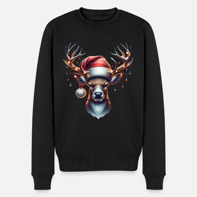 Rentier Lichterkette Weihnachtsmütze - Männer Premium Bio Pullover - Schwarz