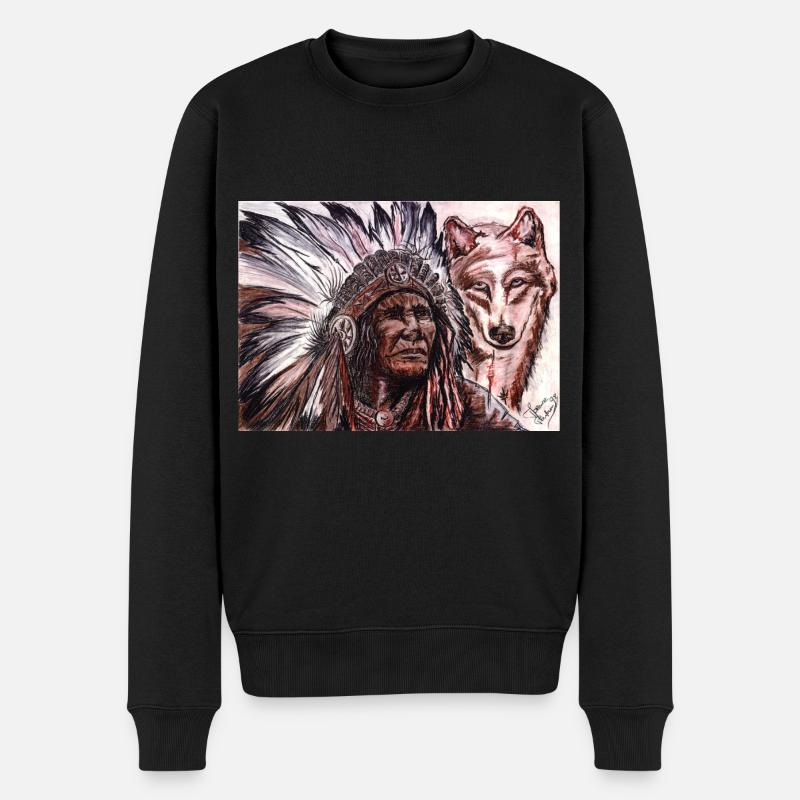 Indischen Chef und Wolf Malerei trockene Pastell Zeichnung - Männer Premium Bio Pullover - Schwarz