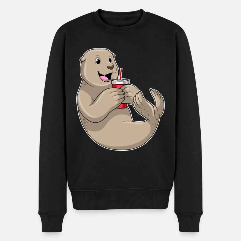Seehund mit Becher mit Strohhalm - Männer Premium Bio Pullover - Schwarz