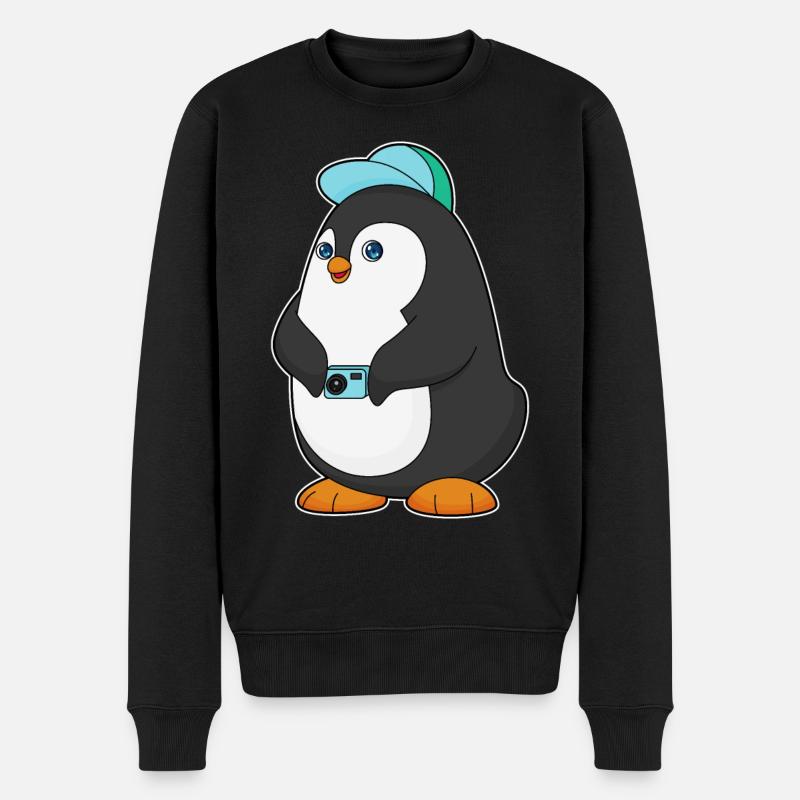 Pinguin Kamera - Männer Premium Bio Pullover - Schwarz