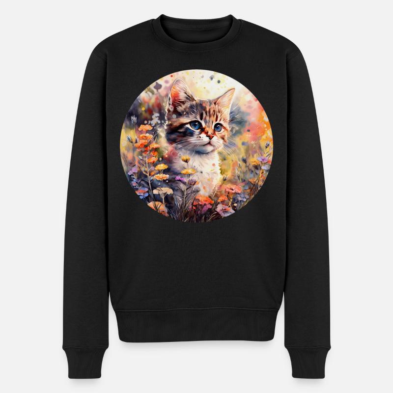 Katze in Blumenwiese - Aquarell - Männer Premium Bio Pullover - Schwarz