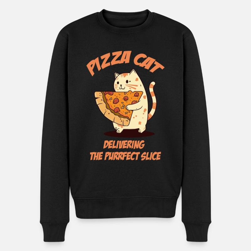 Katze trägt Pizzastück - Männer Premium Bio Pullover - Schwarz