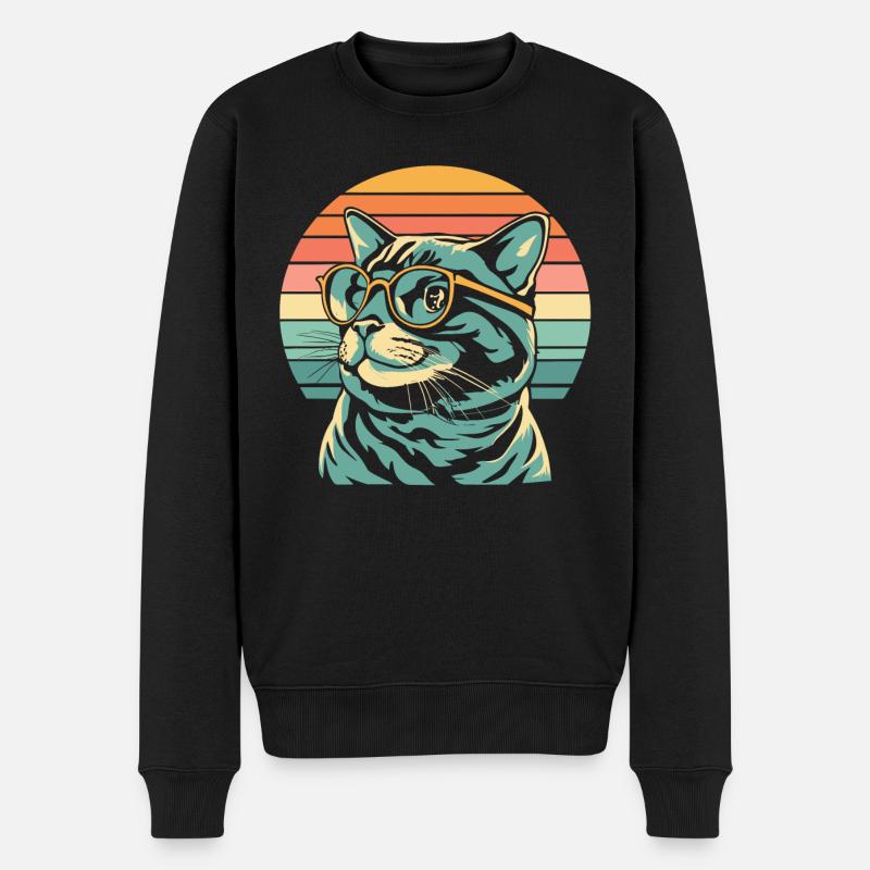 Retro Sunset Katze mit Brille - Männer Premium Bio Pullover - Schwarz