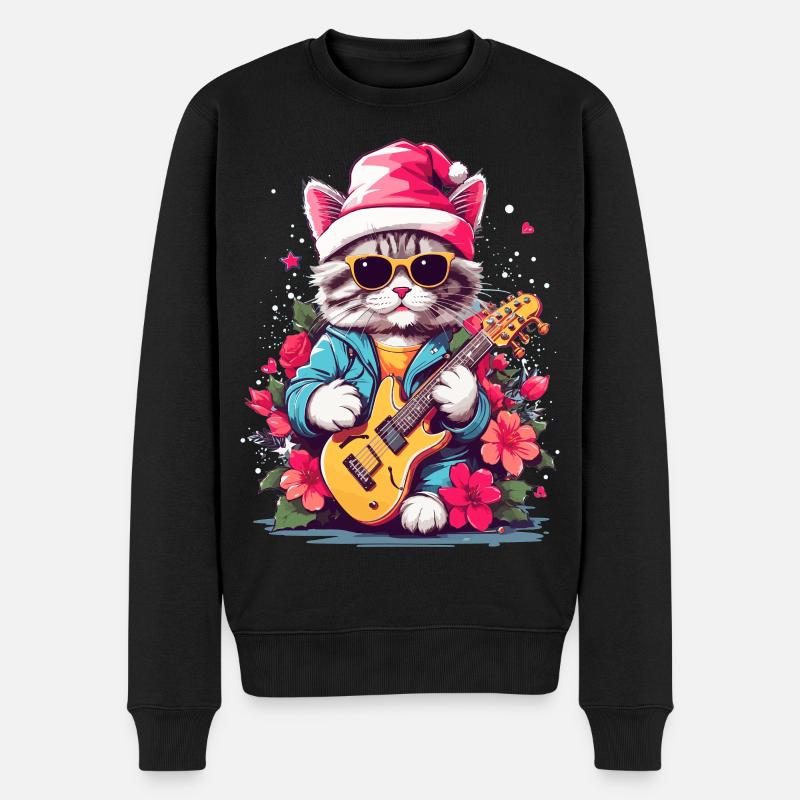 Süße Katze mit Gitarre - Männer Premium Bio Pullover - Schwarz
