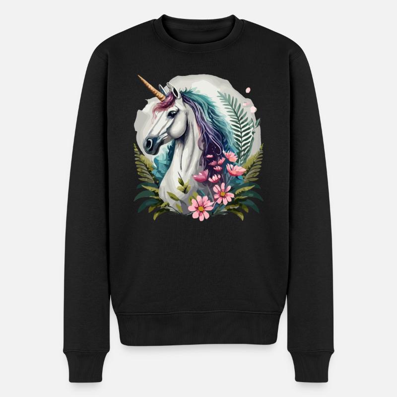 Wunderschönes Einhorn mit Blumen - Männer Premium Bio Pullover - Schwarz