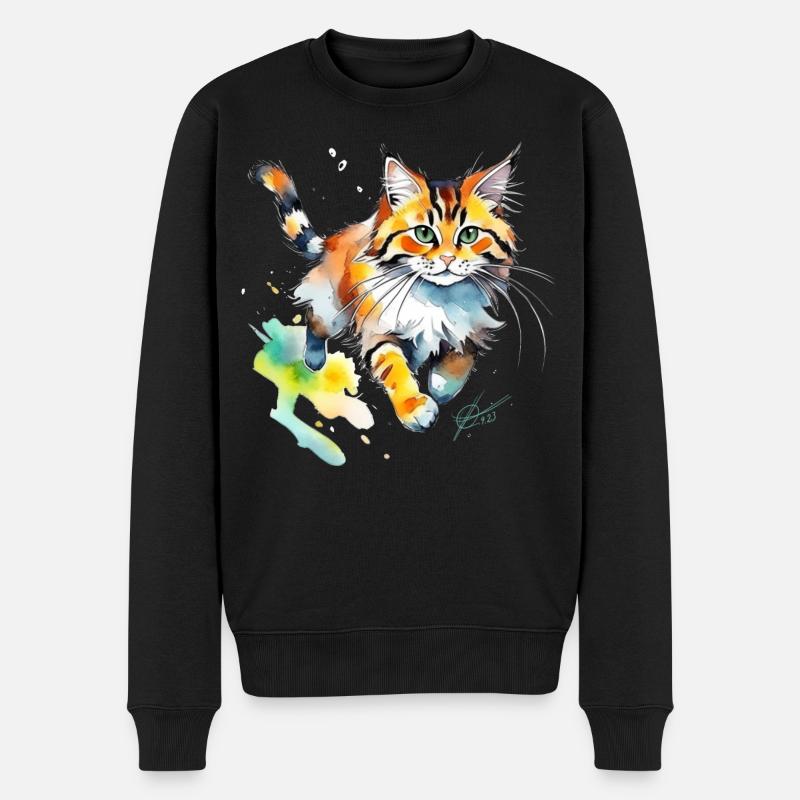 Wasserfarben Katze im Spritz-Look - Männer Premium Bio Pullover - Schwarz