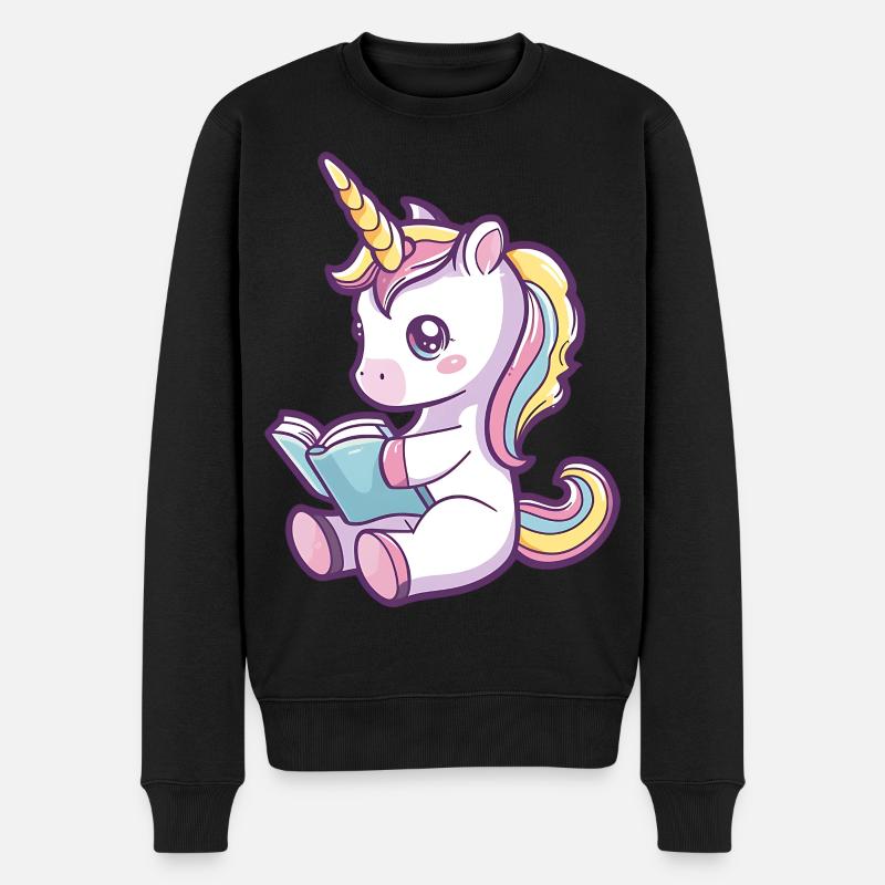 Niedliches Einhorn Cartoon liest ein Buch - Männer Premium Bio Pullover - Schwarz