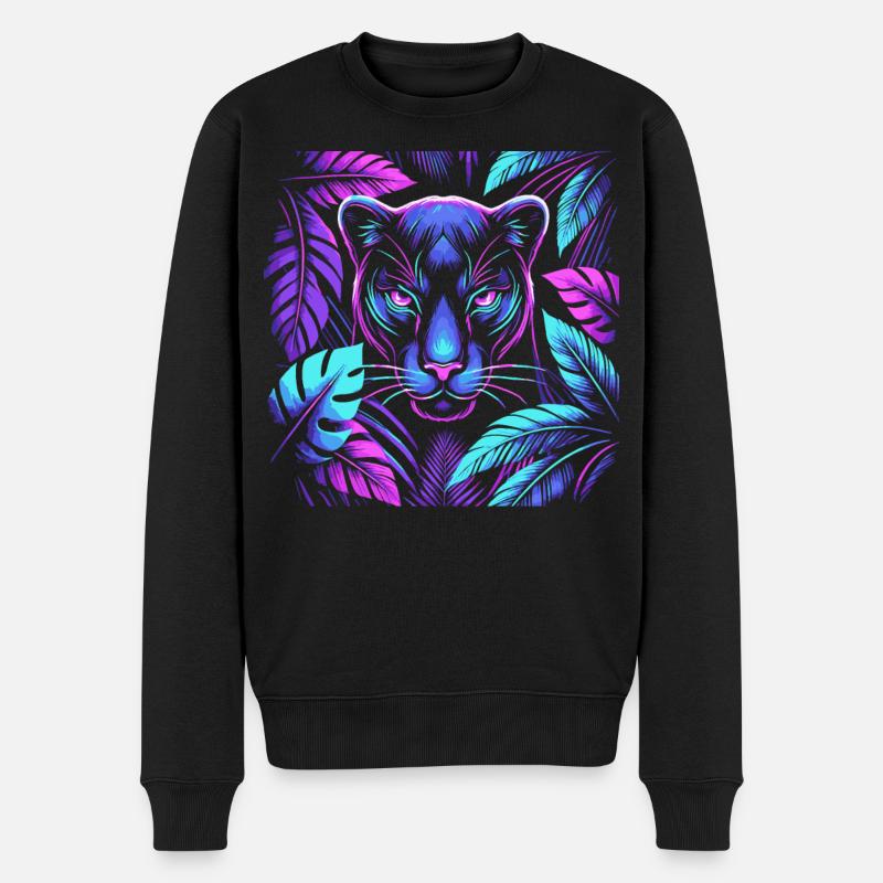 Lebendiger Panther mit tropischen Blättern Design - Männer Premium Bio Pullover - Schwarz