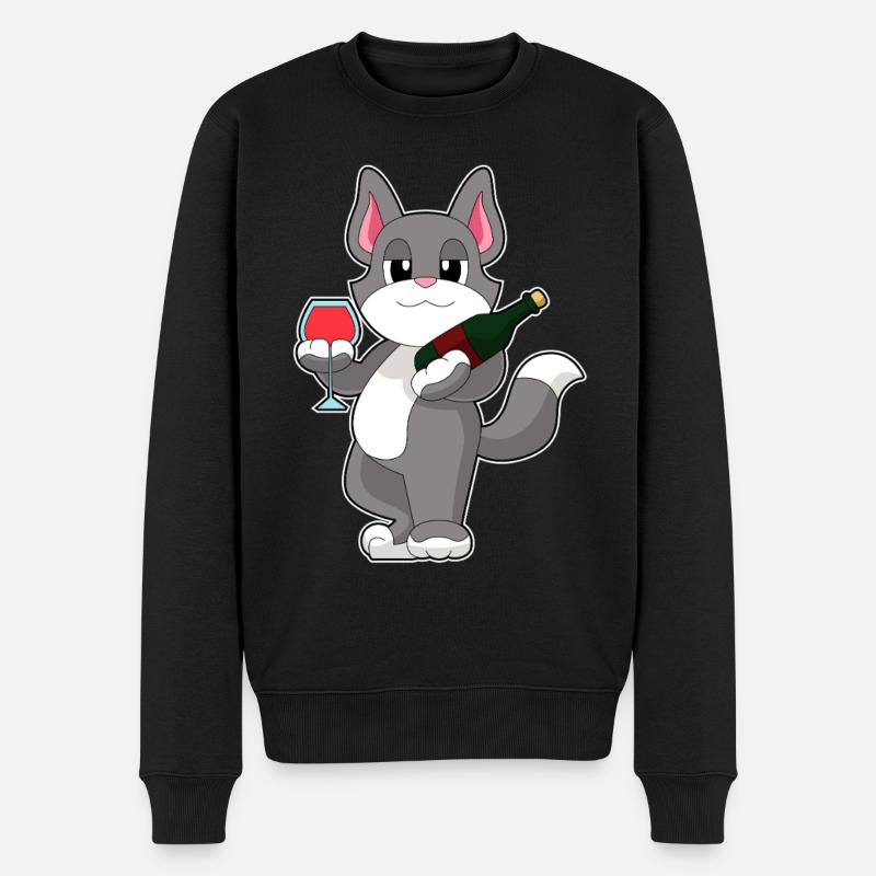 Katze Flasche Rotwein - Männer Premium Bio Pullover - Schwarz