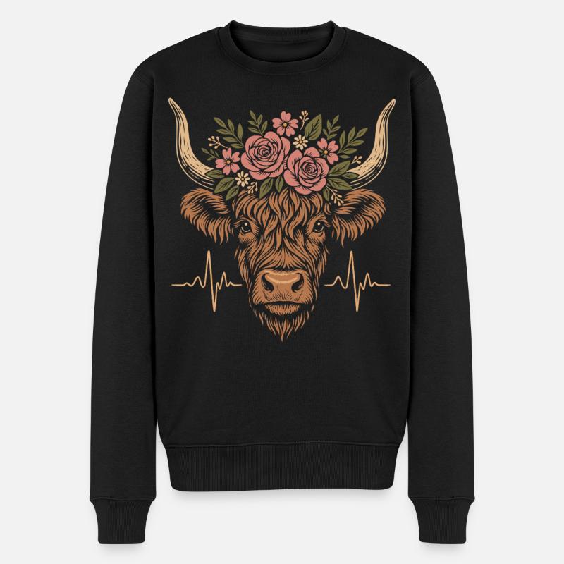 Highland Kuh mit Blumen und Herzschlag EKG - Männer Premium Bio Pullover - Schwarz