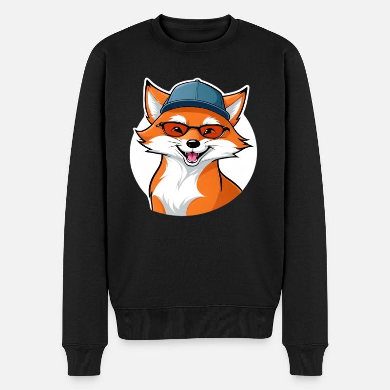 witziger Fuchs mit Brille und Cap - Männer Premium Bio Pullover - Schwarz