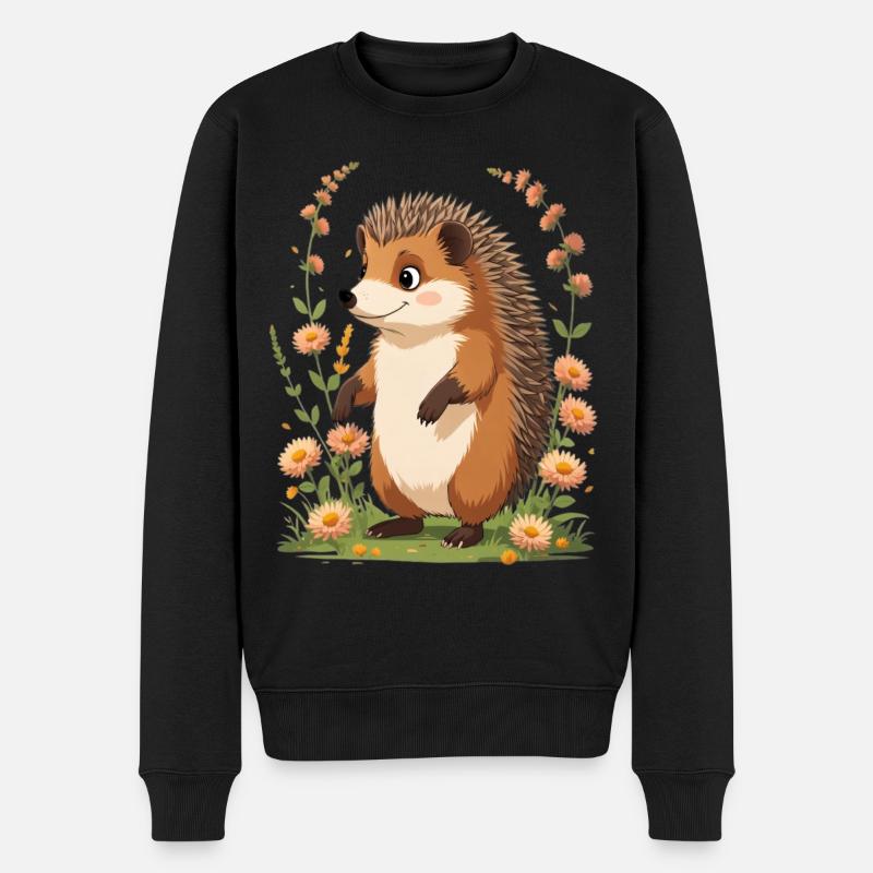 Niedlicher Igel mit Blumenkranz - Männer Premium Bio Pullover - Schwarz