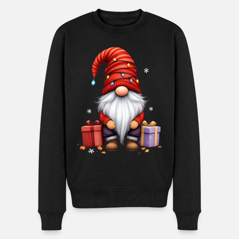 Weihnachtswichtel Mit Lichterkette Und Geschenken - Männer Premium Bio Pullover - Schwarz