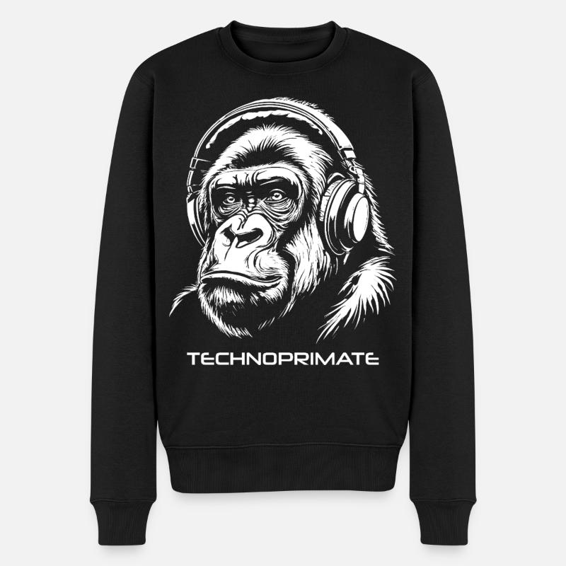 Techno Primate Kopfhörer Ape Art #3 Weiß - Männer Premium Bio Pullover - Schwarz