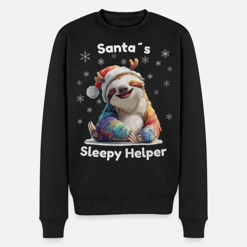 Santa’s Sleepy Helper – Weihnachts Faultier - Männer Premium Bio Pullover - Schwarz