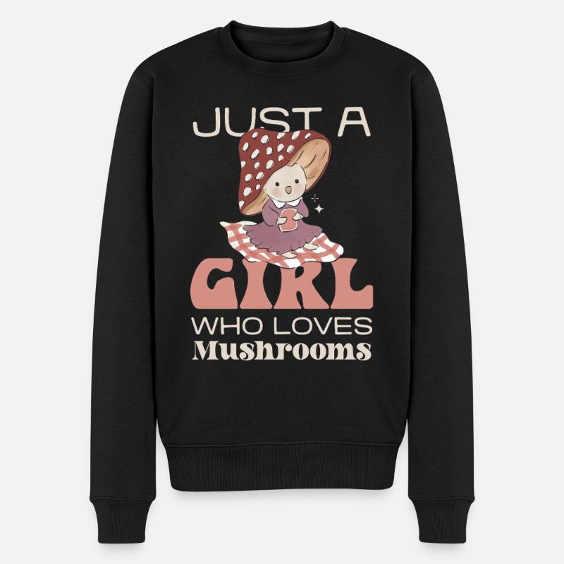 Mädchen liebt Pilze - Illustration - Männer Premium Bio Pullover - Schwarz