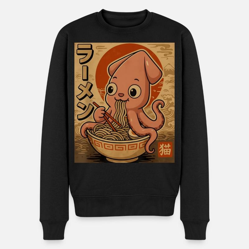 Dessin animé Ramen Pieuvre en sépia - Pull Premium bio Homme - noir