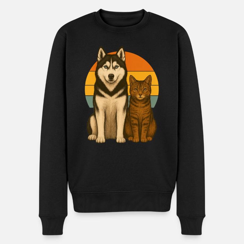 Husky und Katze - Männer Premium Bio Pullover - Schwarz