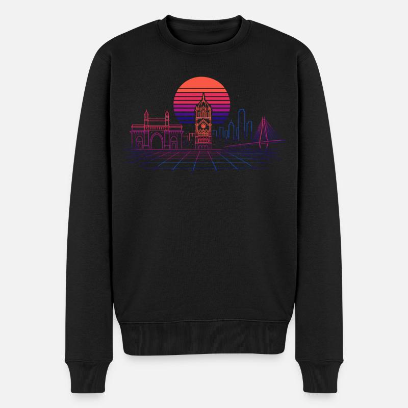 Neon-Synthwave Stadtsilhouette - Mumbai - Männer Premium Bio Pullover - Schwarz