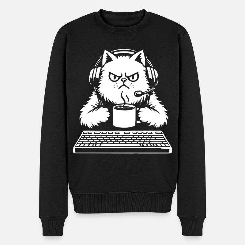 Chat grognon gamer café et clavier - Männer Premium Bio Pullover - Schwarz