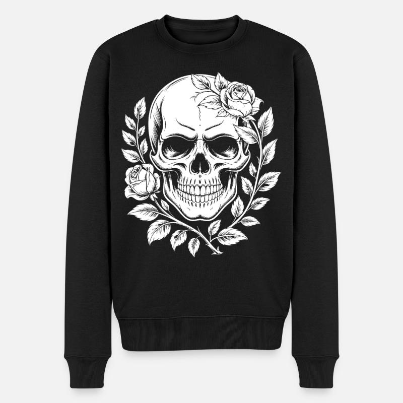 Schädel mit Blumenkranz - Männer Premium Bio Pullover - Schwarz