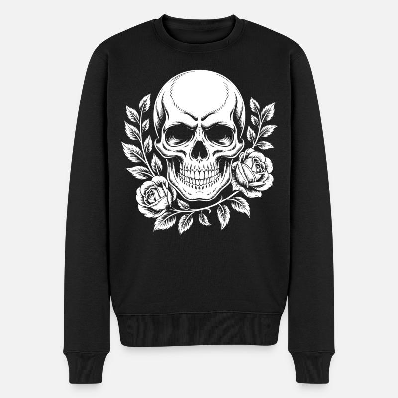 Crâne monochrome avec branche de rose - Pull Premium bio Homme - noir