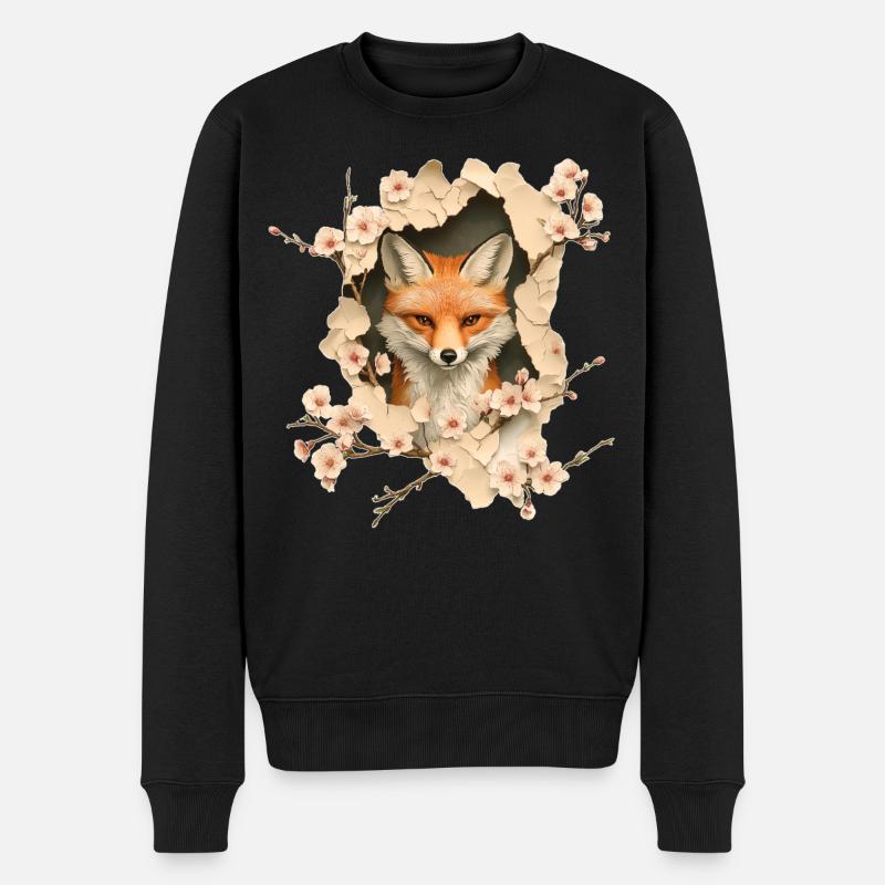 Fuchs mit Kirschblüten - Männer Premium Bio Pullover - Schwarz