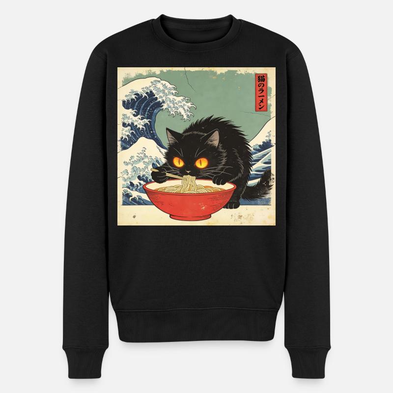 Japan Cat Ramen Nudeln Retro Wave Muster - Männer Premium Bio Pullover - Schwarz