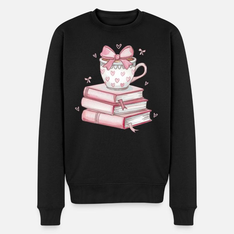 Herz Tasse und Bücherstapel - Männer Premium Bio Pullover - Schwarz