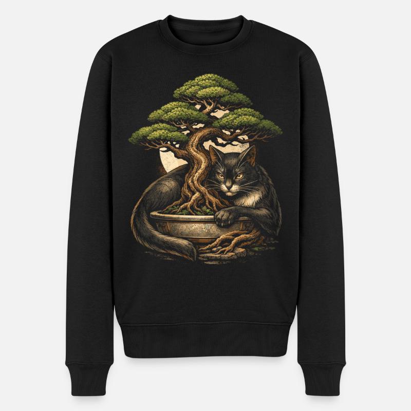 Bonsaibaum Mit Katze - Männer Premium Bio Pullover - Schwarz