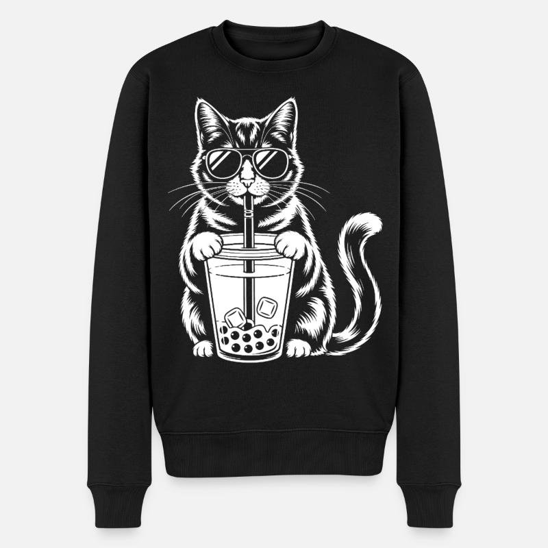 Katze mit Bubble Tee - Männer Premium Bio Pullover - Schwarz