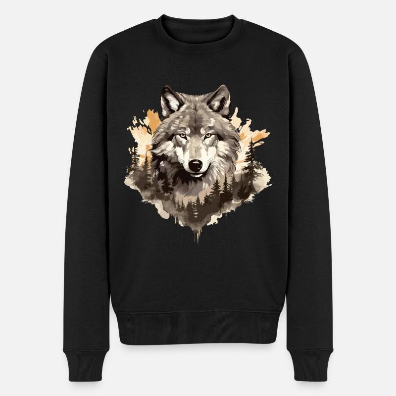 Wolf Wolfskopf Natur Wildnis Wald Bäume Kunst - Männer Premium Bio Pullover - Schwarz
