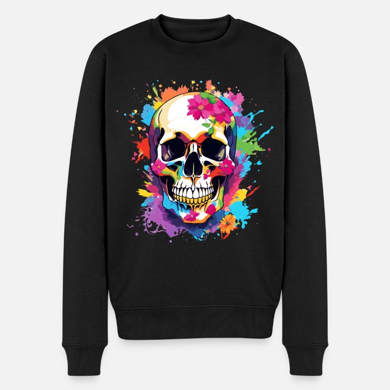 Crâne coloré avec des fleurs - Pull Premium bio Homme - noir