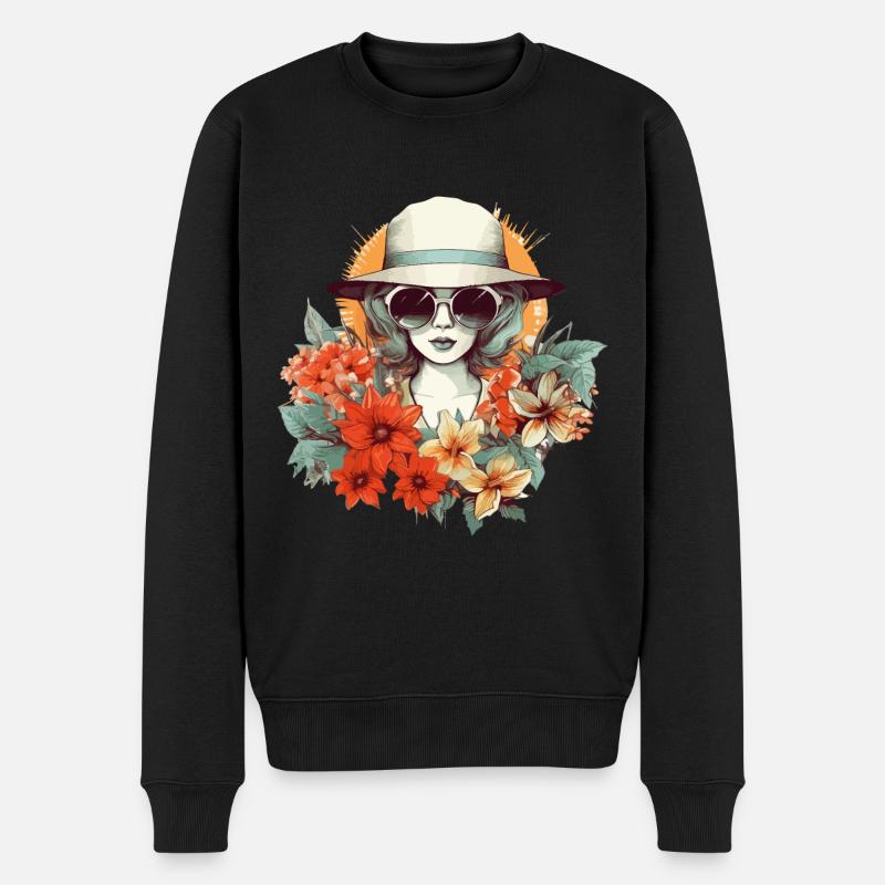 Sommer Frau Sonnenbrille Hut Blumen Sonne Vintage - Männer Premium Bio Pullover - Schwarz
