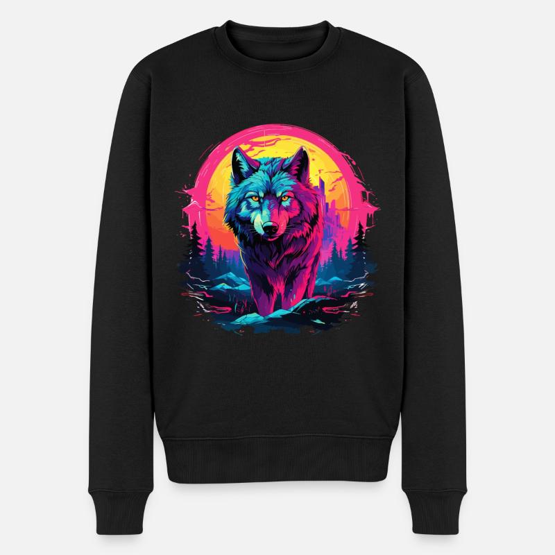 Wolf Wolfskopf Wölfe Wolfsrudel Natur Neon Bunt - Männer Premium Bio Pullover - Schwarz